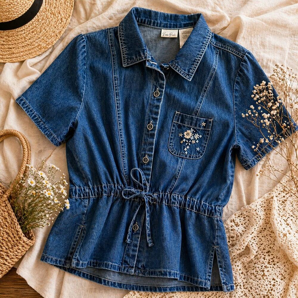 Vintage Bobbie Brooks Embroidered Denim Top Cottagecore Tie Waist